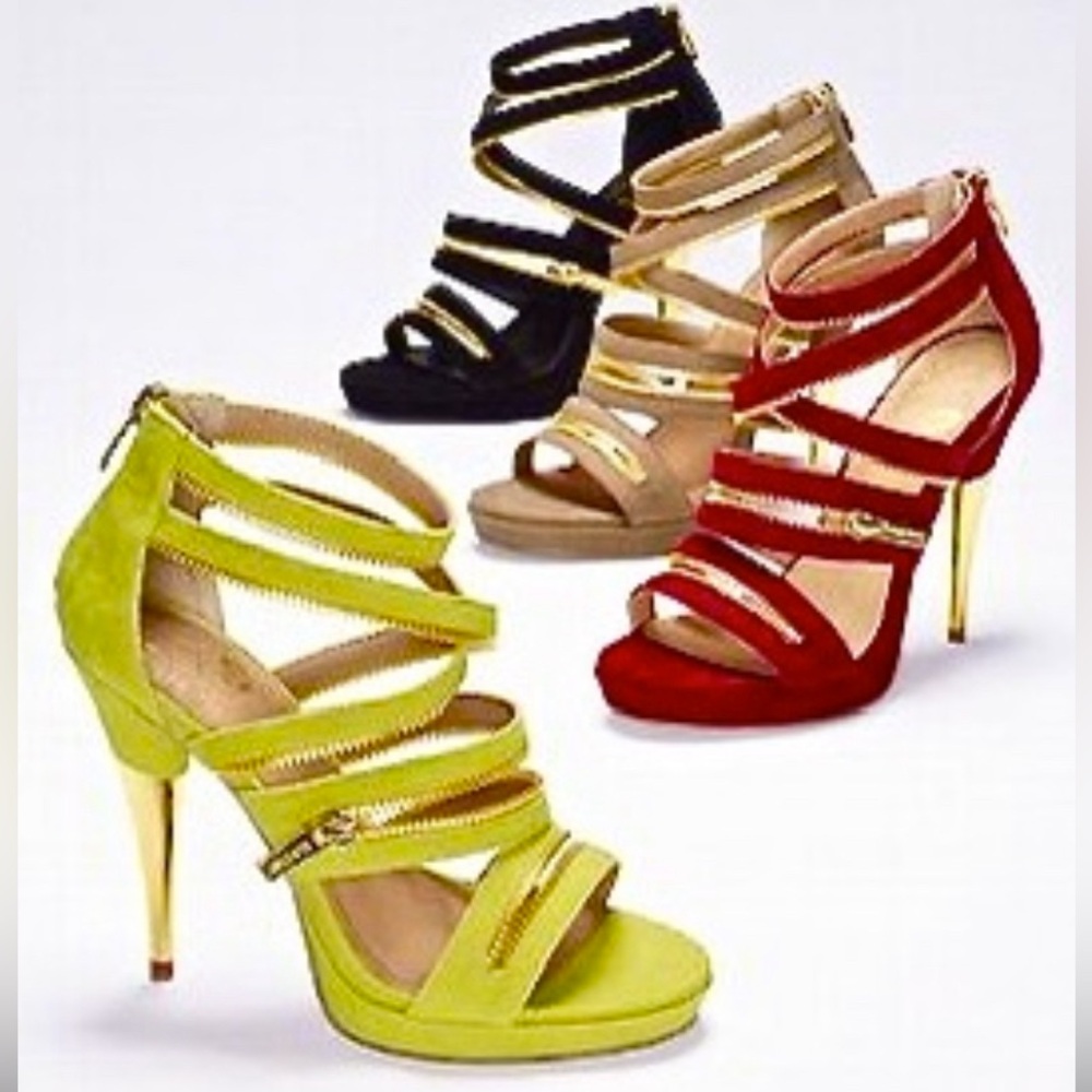CITRINE YELLOW STRAPPY STILETTOS — GOLD ZIPPERS — GOLD HEELS — NEW — SIZE 5